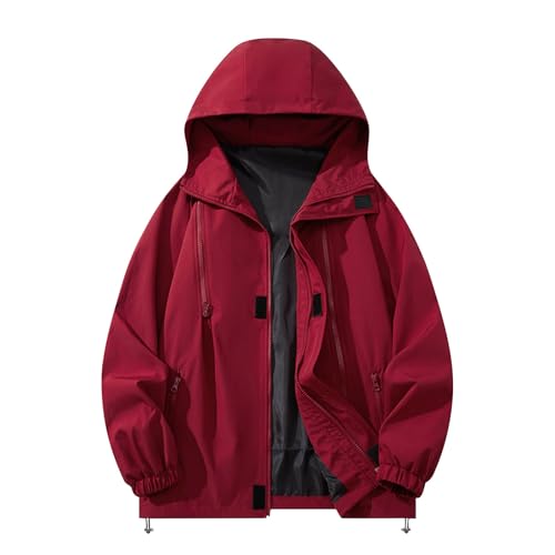 UHouse Herren Regenjacke Wasserdicht Atmungsaktiv Outdoorjacke Leichte Windjacke Regen Jacke Wanderjacke mit Kapuze Outdoor Softshelljack Bequeme Kapuzenjacke Rot M von UHouse