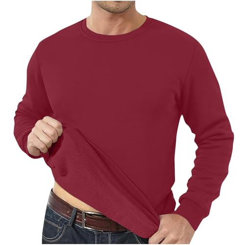 UHouse Herren Sweatshirt Winter Warm Pullover Gefüttert Rundhals Langarmshirt Fleece Pulli Einfarbig Fleecepullover Casual Sweatpullover Männer Winterpullover Sweater Arbeitspullover Weinrot M von UHouse
