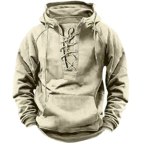 UHouse Hoodie Herren Outdoor Kapuzenpullover Vintage Hoody Männer Freizeit Pullover mit Kapuze Mittelalter Kleidung Einfarbig Winter Herbst Kapuzenpulli mit Kordelzug Beige L von UHouse