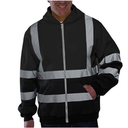 UHouse Jacke Herren Warnschutz Arbeitsjacke mit Kapuze Oversized Kapuzenjacke Leichte Fahrradjacke Warn Jacken Freizeit Softshelljacke Outdoor Zipper Hoodie Reflektierende Jacket Schwarz XXL von UHouse