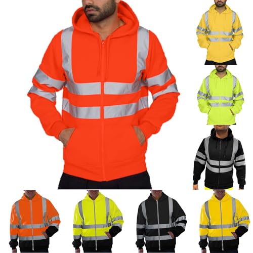 UHouse Jacke Herren Warnschutz Arbeitsjacke mit Kapuze Oversized Kapuzenjacke Leichte Fahrradjacke Warn Jacken Freizeit Softshelljacke Outdoor Zipper Hoodie Reflektierende Jacket Orange M von UHouse
