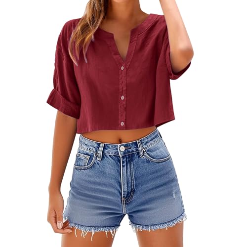 UHouse Kurze Bluse Damen Musselin Leinenbluse Sommer Crop Tops Elegant Blusentop Bauchfreies Damenblusen Casual Leichte Sommerbluse V-Ausschnitte Hemd Angebote des Tages Heute KleidungWein S von UHouse