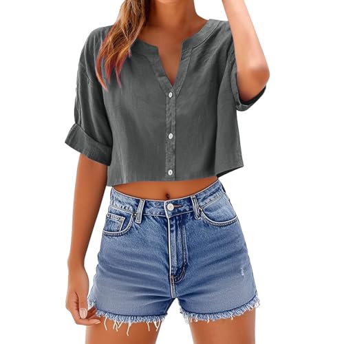 UHouse Kurze Bluse Damen Musselin Leinenbluse Sommer Crop Tops Elegant Blusentop Bauchfreies Damenblusen Casual Leichte Sommerbluse V-Ausschnitte Hemd Hemdbluse Outlet Amazon Kleidung Grau S von UHouse