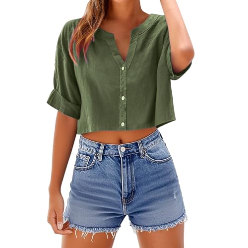 UHouse Kurze Bluse Damen Musselin Leinenbluse Sommer Crop Tops Elegant Blusentop Bauchfreies Damenblusen Casual Leichte Sommerbluse V-Ausschnitte Hemd Hemdbluse Outlet Angebote Kleidung Grün S von UHouse