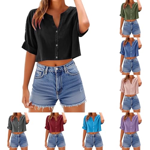 UHouse Kurze Bluse Damen Musselin Leinenbluse Sommer Crop Tops Elegant Blusentop Bauchfreies Damenblusen Casual Leichte Sommerbluse V-Ausschnitte Hemd Hemdbluse Sale Bekleidung Schwarz XL von UHouse