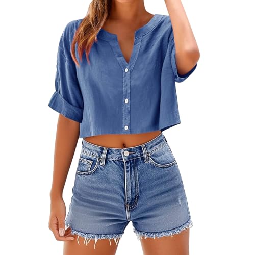 UHouse Kurze Bluse Damen Musselin Leinenbluse Sommer Crop Tops Elegant Blusentop Bauchfreies Damenblusen Casual Leichte Sommerbluse V-Ausschnitte Hemd Meine Bestellungen Anzeigen BekleidungBlau XL von UHouse