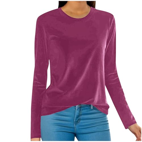 UHouse Langarmshirt Damen Samt Shirt Langarm Festliche Oberteile Elegante Longshirt Stretch Rundhals Bluse Baumwolle Tunika Große Größen Vintage Damen-Oberteile Blitzangebote des Tages Heißes Rosa M von UHouse