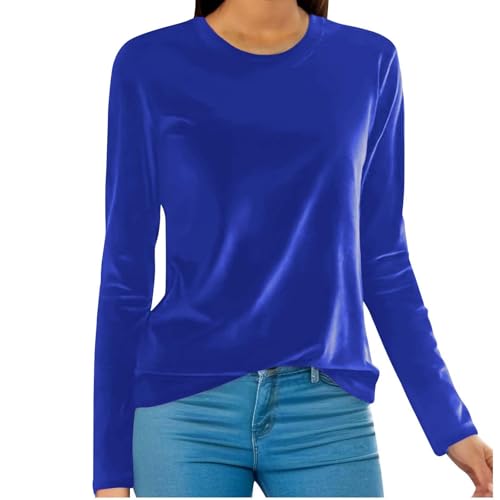 UHouse Langarmshirt Damen Samt Shirt Langarm Festliche Oberteile Elegante Longshirt Stretch Rundhals Bluse Baumwolle Tunika Große Größen Vintage Damen-Oberteile Lässig Blitzangebote Blau 4XL von UHouse