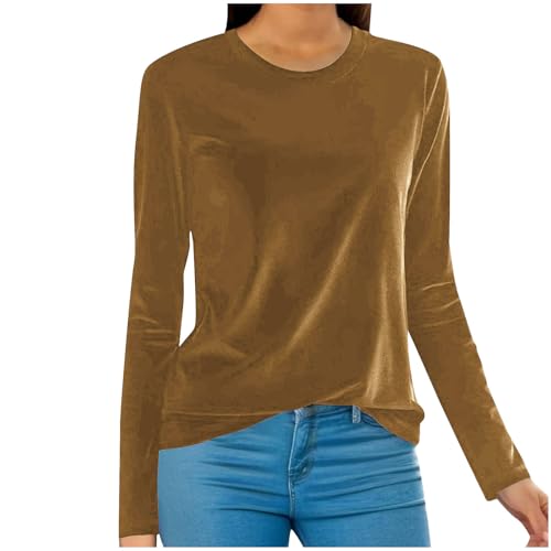 UHouse Langarmshirt Damen Samt Shirt Langarm Festliche Oberteile Elegante Longshirt Stretch Rundhals Bluse Baumwolle Tunika Große Größen Vintage Damen-Oberteile Lässig Warehouse Deal Kaffee 4XL von UHouse