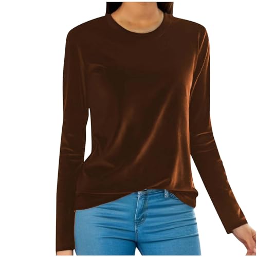 UHouse Langarmshirt Damen Samt Shirt Langarm Festliche Oberteile Elegante Longshirt Stretch Rundhals Bluse Baumwolle Tunika Große Größen Vintage Damen-Oberteile Lässig Warehouse Deal Kaffee 4XL von UHouse