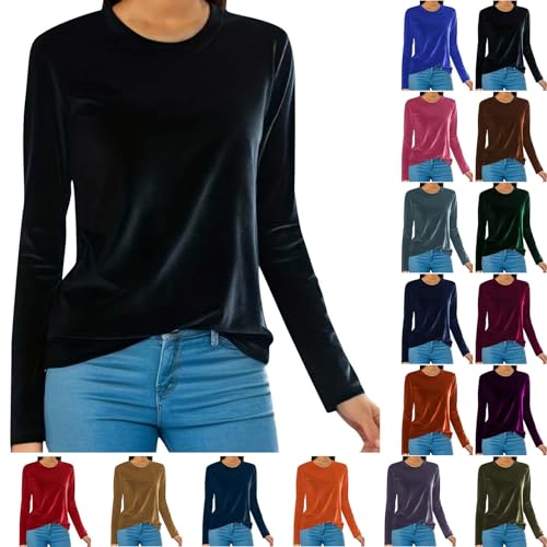 UHouse Langarmshirt Damen Samt Shirt Langarm Festliche Oberteile Elegante Longshirt Stretch Rundhals Bluse Baumwolle Tunika Große Größen Vintage Damen-Oberteile Lässig Warehouse Deal Schwarz 4XL von UHouse