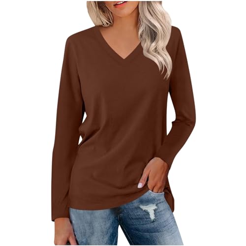 UHouse Langarmshirt Damen Tshirt Langarm Elegante Oberteile Basic Longshirt V-Ausschnit Shirts Baumwolle Tunika Große Größen Bluse Elegant Oberteil Longsleeve Kaffee L von UHouse