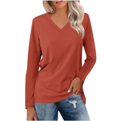 UHouse Langarmshirt Damen Tshirt Langarm Elegante Oberteile Basic Longshirt V-Ausschnit Shirts Baumwolle Tunika Große Größen Bluse Elegant Oberteil Longsleeve Orange L von UHouse
