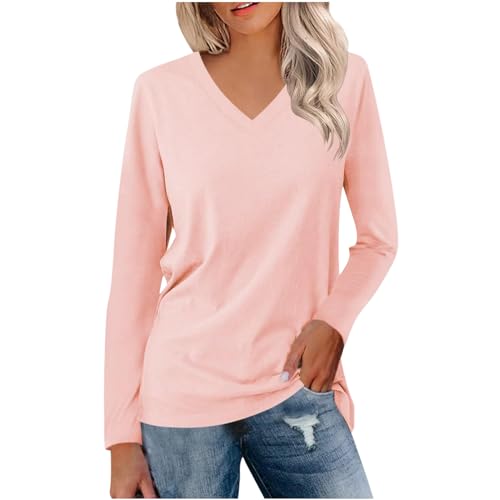 UHouse Langarmshirt Damen Tshirt Langarm Elegante Oberteile Basic Longshirt V-Ausschnit Shirts Baumwolle Tunika Große Größen Bluse Elegant Oberteil Lässig Longsleeve Rosa M von UHouse
