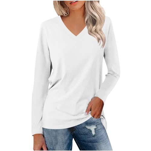 UHouse Langarmshirt Damen Tshirt Langarm Elegante Oberteile Basic Longshirt V-Ausschnit Shirts Baumwolle Tunika Große Größen Bluse Elegant Oberteil Lässig Longsleeve Weiß M von UHouse