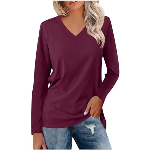 UHouse Langarmshirt Damen Tshirt Langarm Elegante Oberteile Basic Longshirt V-Ausschnit Shirts Baumwolle Tunika Große Größen Bluse Elegant Oberteil Longsleeve Lila L von UHouse