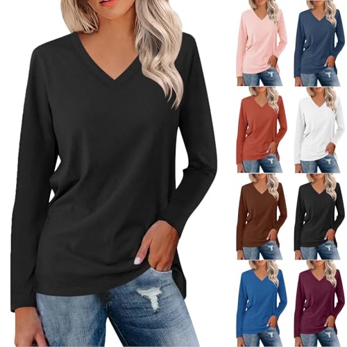 UHouse Langarmshirt Damen Tshirt Langarm Elegante Oberteile Basic Longshirt V-Ausschnit Shirts Baumwolle Tunika Große Größen Bluse Elegant Oberteil Longsleeve Schwarz S von UHouse