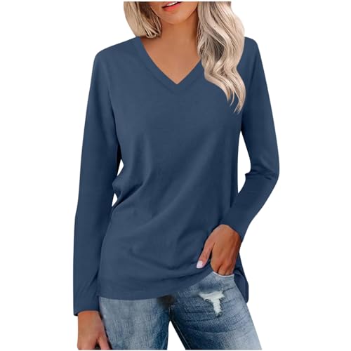 UHouse Langarmshirt Damen Tshirt Langarm Elegante Oberteile Basic Longshirt V-Ausschnit Shirts Baumwolle Tunika Große Größen Bluse Elegant Oberteil Longsleeve Marineblau M von UHouse