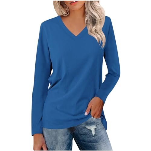 UHouse Langarmshirt Damen Tshirt Langarm Elegante Oberteile Basic Longshirt V-Ausschnit Shirts Baumwolle Tunika Große Größen Bluse Elegant Oberteil Longsleeve Blau 3XL von UHouse
