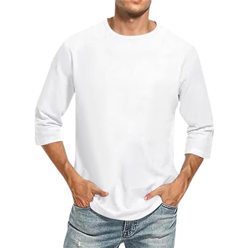 UHouse Langarmshirt Herren 3/4 Arm Shirt Baumwolle Mode Oversized Tshirt Langarm Freizeit T-Shirt Leichte Sommershirt Rundhals Longsleeve Longshirt Basic T Shirt Weiß XXL von UHouse