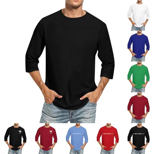 UHouse Langarmshirt Herren 3/4 Arm Shirt Baumwolle Mode Oversized Tshirt Langarm Freizeit T-Shirt Leichte Sommershirt Rundhals Longsleeve Longshirt Basic T Shirt Schwarz XL von UHouse