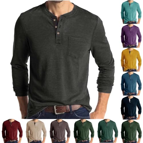 UHouse Langarmshirt Herren Angebote Baumwolle Henley Shirt Langarm Poloshirt Bequeme Pullover mit Knopfleiste Basic Sweatshirt Lässig Longsleeve Polohemd Casual Strickpullover Deals Grau L von UHouse