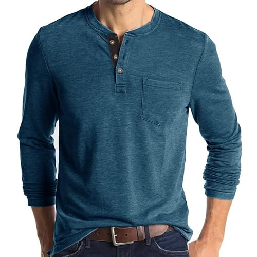 UHouse Langarmshirt Herren Baumwolle Henley Shirt Langarm Poloshirt Bequeme Pullover mit Knopfleiste Basic Sweatshirt Lässig Longsleeve Polohemd Casual Strickpullover Angebote des Tages Heute Blau L von UHouse
