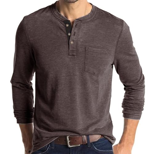 UHouse Langarmshirt Herren Baumwolle Henley Shirt Langarm Poloshirt Bequeme Pullover mit Knopfleiste Basic Sweatshirt Lässig Longsleeve Polohemd Casual Strickpullover Deals Kaffee L von UHouse