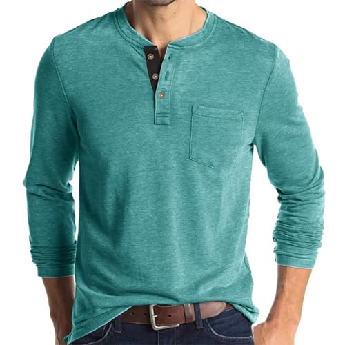 UHouse Langarmshirt Herren Baumwolle Henley Shirt Langarm Poloshirt Bequeme Pullover mit Knopfleiste Basic Sweatshirt Lässig Longsleeve Polohemd Casual Strickpullover Grüner See L von UHouse