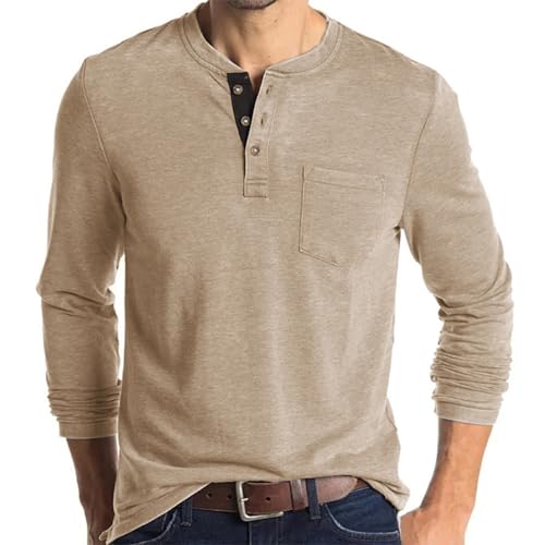 UHouse Langarmshirt Herren Baumwolle Henley Shirt Langarm Poloshirt Bequeme Pullover mit Knopfleiste Basic Sweatshirt Lässig Longsleeve Polohemd Casual Strickpullover Warehouse Deal Aprikose L von UHouse