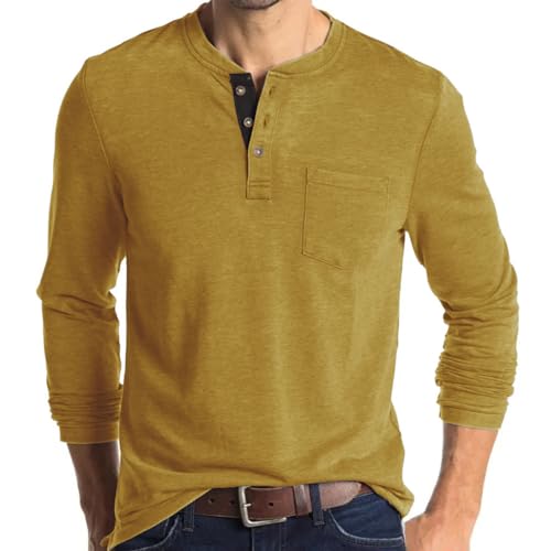 UHouse Langarmshirt Herren Baumwolle Henley Shirt Langarm Poloshirt Bequeme Pullover mit Knopfleiste Basic Sweatshirt Lässig Longsleeve Polohemd Casual Strickpullover Warehouse Deal Gelb 3XL von UHouse