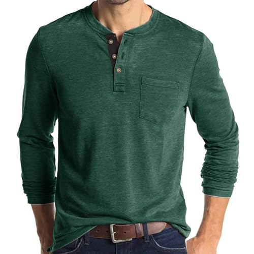 UHouse Langarmshirt Herren Baumwolle Henley Shirt Langarm Poloshirt Bequeme Pullover mit Knopfleiste Basic Sweatshirt Lässig Longsleeve Polohemd Casual Strickpullover Warehouse Deal Grün 3XL von UHouse