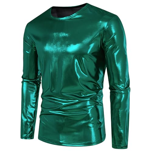 UHouse Langarmshirt Herren Metallic Tshirt Langarm Party Disco Outfit Gold T-Shirt Glänzend Baumwolle Karneval Kostüm Glitzer Shirt Festival Party-Shirt Silber-Glänzend Deals of The Day Grün XL von UHouse