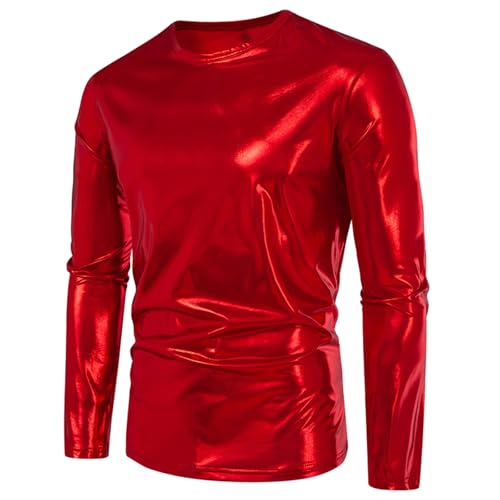 UHouse Langarmshirt Herren Metallic Tshirt Langarm Party Disco Outfit Gold T-Shirt Glänzend Baumwolle Karneval Kostüm Glitzer Shirt Festival Party-Shirt Silber-Glänzend Oberteile Blitzangebote Rot XL von UHouse