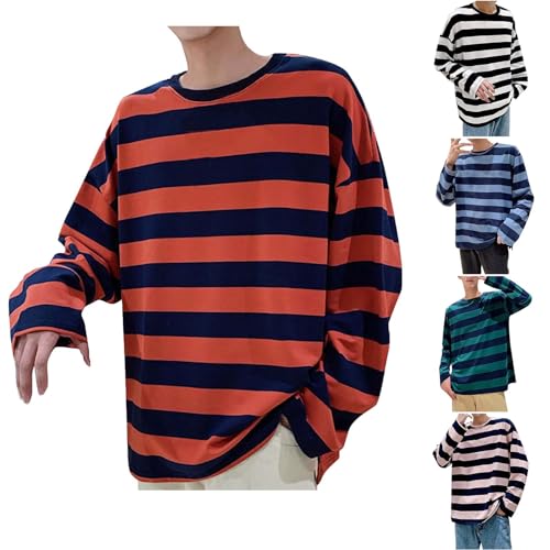 UHouse Langarmshirt Herren T-Shirt Langarm Basic Longsleeve Rundhals Tshirt Baumwolle Shirt Gestreiften Pyjama Bequeme Schlafanzugoberteile Lässig Schlafanzug Leicht Angebote Orange XXL von UHouse