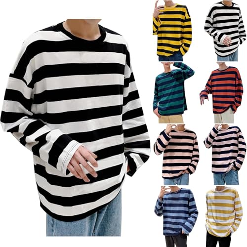 UHouse Langarmshirt Herren T-Shirt Langarm Basic Longsleeve Rundhals Tshirt Baumwolle Shirt Gestreiften Pyjama Bequeme Schlafanzugoberteile Lässig Schlafanzug Leicht Warehouse Deal Schwarz M von UHouse