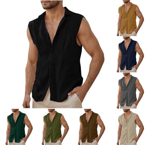 UHouse Leinenhemd Herren Ärmelloses Hemd Baumwolle Leinen Tank Top Sommer Muskelshirt Männer mit Knopfleiste Trägershirt Leichte Freizeithemd Tanktop Freizeit Herrenhemden Blitzangebote Schwarz M von UHouse