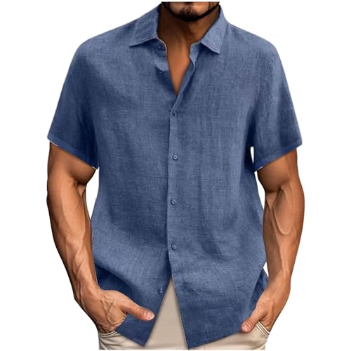 UHouse Leinenhemd Herren Kurzarm Baumwolle Hemd Sommer Leinen Hemden Coole Freizeithemd Modische Kurzarmhemd Vintage Strandhemd Loose Fit Hawaiihemd Musselin Fischerhemd Sale Blau L von UHouse
