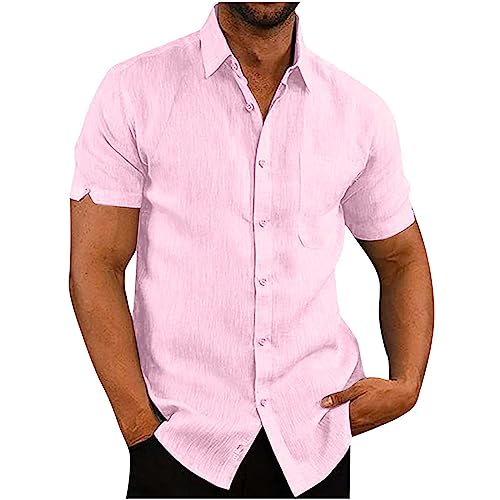 UHouse Leinenhemd Herren Kurzarm Hemd Baumwolle Leinen Kurzarmhemd Freizeit Herrenhemden Sommer Freizeithemd Bequeme Sommerhemd Musselin Hemden Lässig Strandhemd Deals of The Day Rosa XL von UHouse