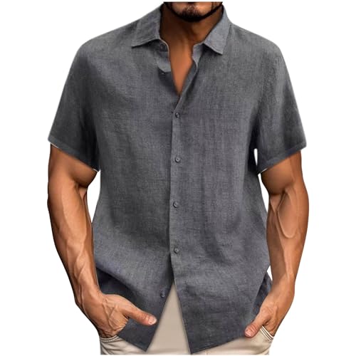 UHouse Leinenhemd Herren Kurzarm Hemd Sommer Leinen Freizeithemd Lässig Kurzarmhemd Dünne Stehkragenhemd Leichte Hawaii Hemd Oversize Sommerhemd Freizeit Strandhemd Outlet Angebote Dunkelgrau 4XL von UHouse