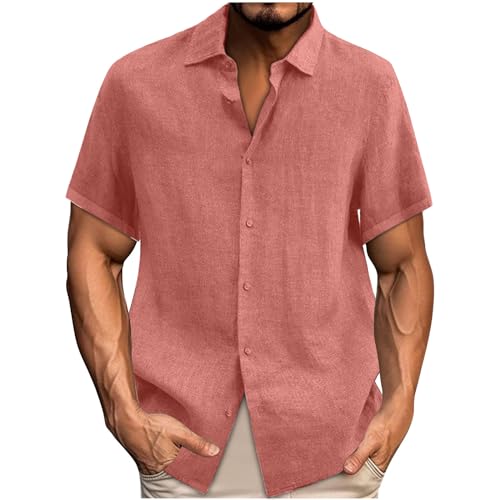 UHouse Leinenhemd Herren Kurzarm Hemd Sommer Leinen Hemden Loose Fit Freizeithemd Musselin Kurzarmhemd Einfarbig Strandhemd Große Größen Hawaiihemd Lässig Fischerhemd Deals of The Day Orange 5XL von UHouse