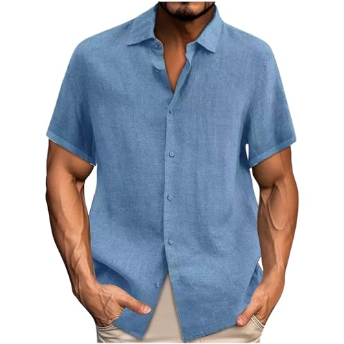 UHouse Leinenhemd Herren Kurzarm Hemd Sommer Leinen Herrenhemden Stehkragen Hemden Übergröße Freizeithemd Strand Hawaii Hemd Bequeme Sommerhemd Männer Strandhemd Hellblau M von UHouse