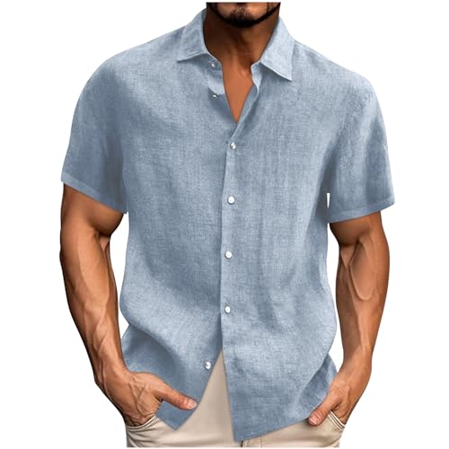 UHouse Leinenhemd Herren Kurzarm Baumwolle Hemd Sommer Leinen Hemden Einfarbig Freizeithemd Große Größen Kurzarmhemd Lässig Fischerhemd Dünne Shirt Leichte Hawaii Hemd Hellblau 5XL von UHouse