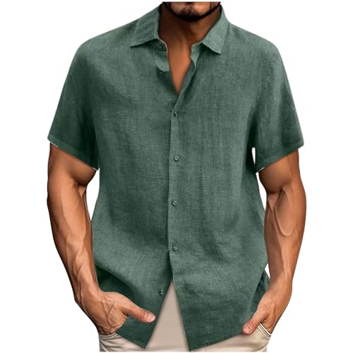 UHouse Leinenhemd Herren Kurzarm Sommer Hemd Baumwolle Leinen Freizeithemd Vintage Kurzarmhemd Loose Fit Stehkragenhemd Musselin Sommerhemd Einfarbig Strandhemd Große Größen Hawaiihemd Deals Grün S von UHouse