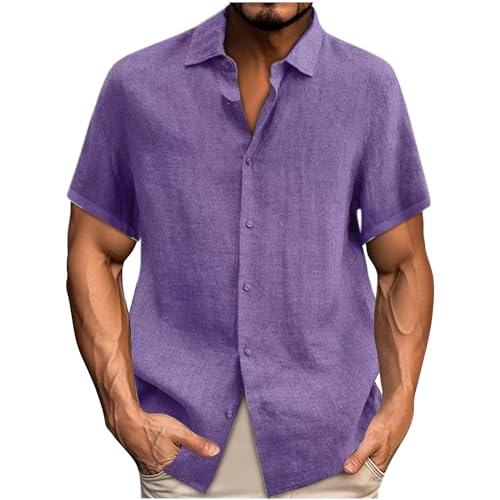 UHouse Leinenhemd Herren Kurzarm Sommer Hemd Baumwolle Leinen Herrenhemden Leichte Hemden Oversize Freizeithemd Freizeit Shirt Casual Hawaii Hemd Regular Fit Sommerhemd Lila 5XL von UHouse