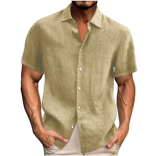 UHouse Leinenhemd Herren Kurzarm Sommer Hemd Baumwolle Leinen Hemden Oversize Freizeithemd Freizeit Kurzarmhemd Casual Hawaiihemd Regular Fit Fischerhemd Fashion Shirt Khaki XL von UHouse
