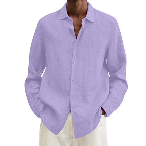 UHouse Leinenhemd Herren Langarm Musselin Hemd Baumwolle Leinen Freizeithemd Mode Oversize Herrenhemd Freizeit Leichte Sommerhemd Hawaii Strandhemd Lässig Fischerhemd Sale Lila 3XL von UHouse