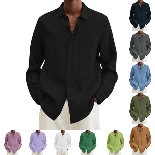 UHouse Leinenhemd Herren Langarm Musselin Hemd Baumwolle Leinen Freizeithemd Mode Oversize Herrenhemd Freizeit Leichte Sommerhemd Hawaii Strandhemd Lässig Fischerhemd Sale Schwarz L von UHouse