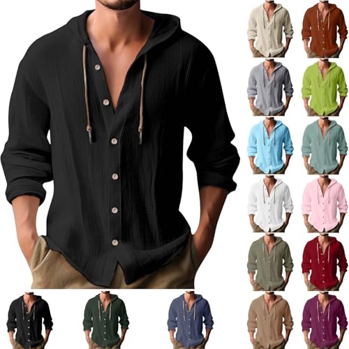 UHouse Leinenhemd Herren Langarm mit Kapuze Freizeit Langarm Hemd Baumwolle Leinen Hawaiihemd Leichte Dünne Hoodie Bequeme Kapuzenshirt Locke Herrenhemden Strandhemd Schwarz 3XL von UHouse