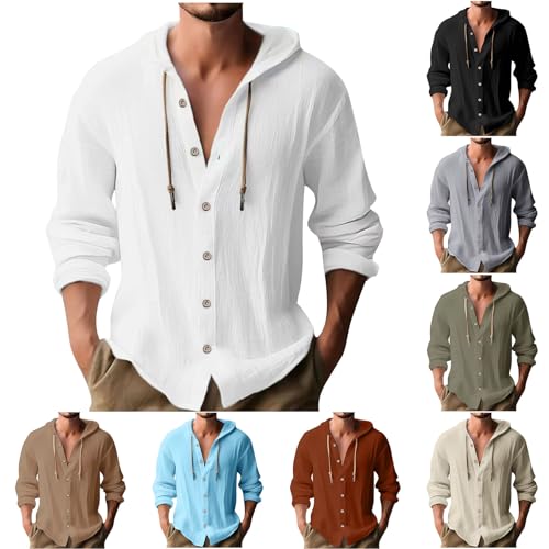 UHouse Leinenhemd Herren Langarm mit Kapuze Oversize Hemd Baumwolle Leinen Freizeithemd Bequeme Strandhemd Lässig Kapuzenshirt Leicht Modische Herrenhemden 2025 Weiß M von UHouse